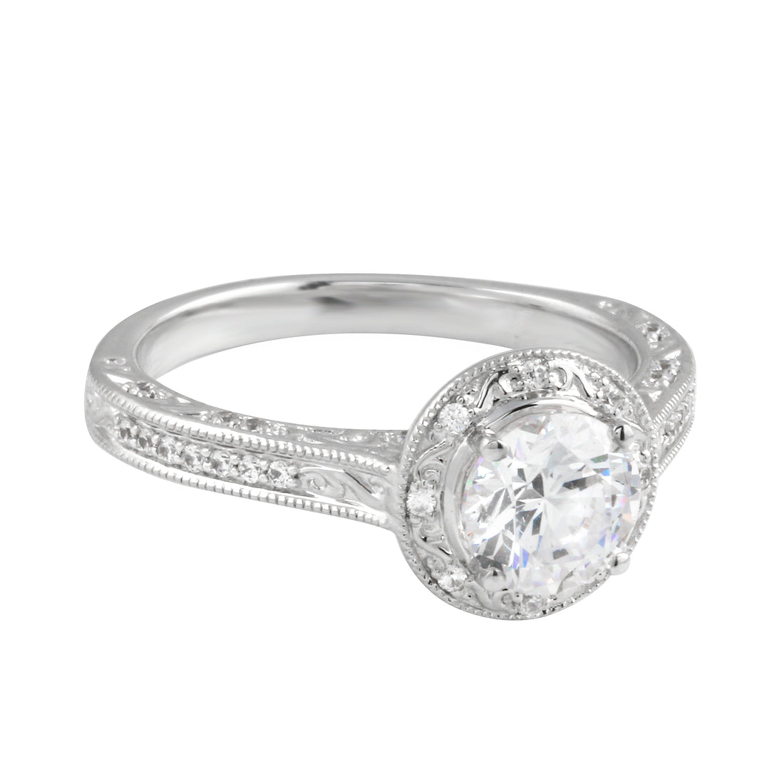 Vintage-Inspired Round Brilliant Cut Diamond Etched Halo Engagement Ring Setting-Engagement Ring-Ashley Schenkein Jewelry Design