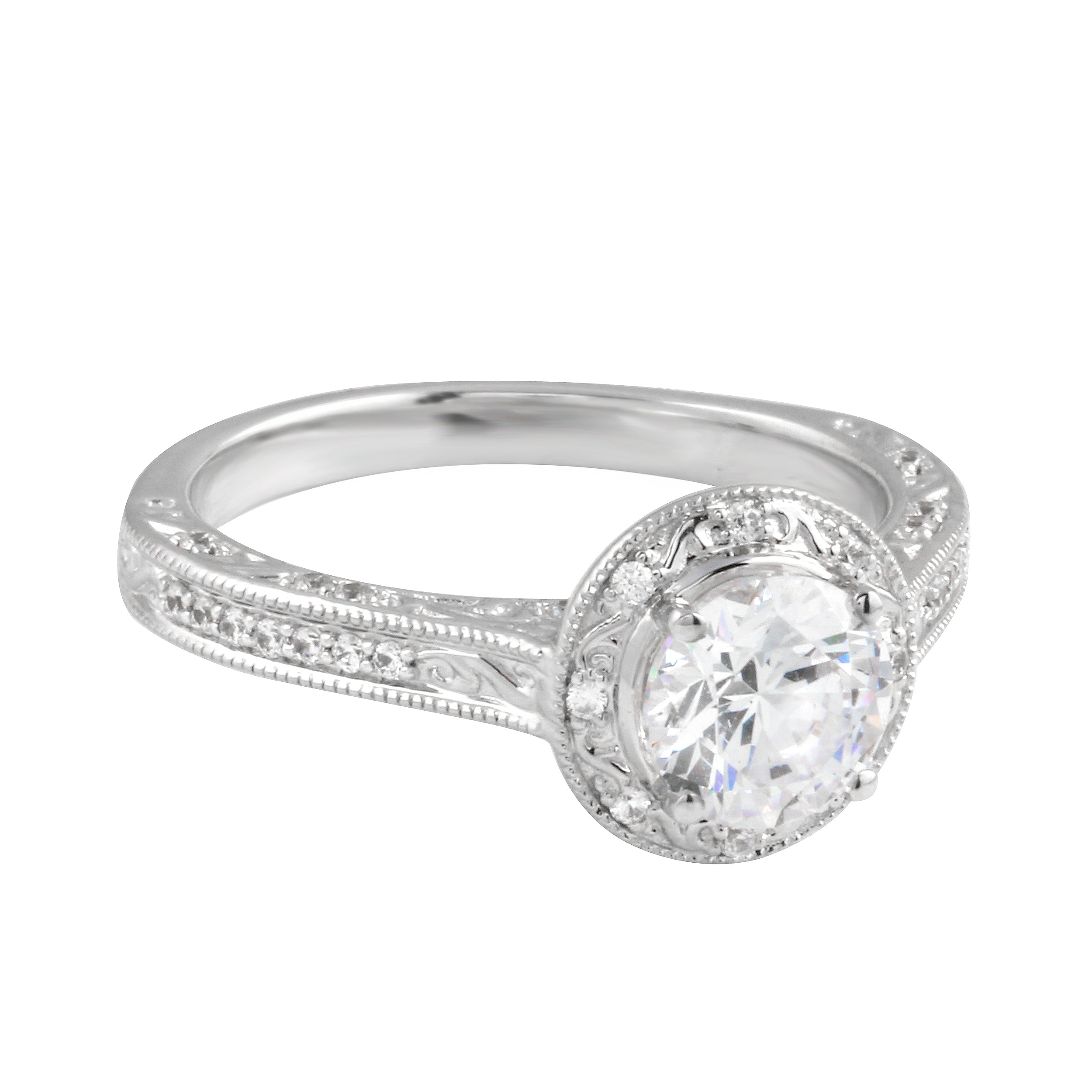 Vintage-Inspired Round Brilliant Cut Diamond Etched Halo Engagement Ring Setting-Engagement Ring-Ashley Schenkein Jewelry Design
