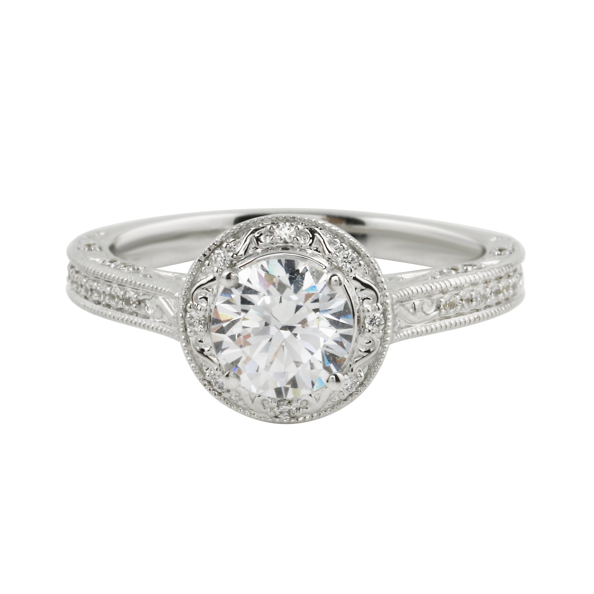 Vintage-Inspired Round Brilliant Cut Diamond Etched Halo Engagement Ring Setting-Engagement Ring-Ashley Schenkein Jewelry Design