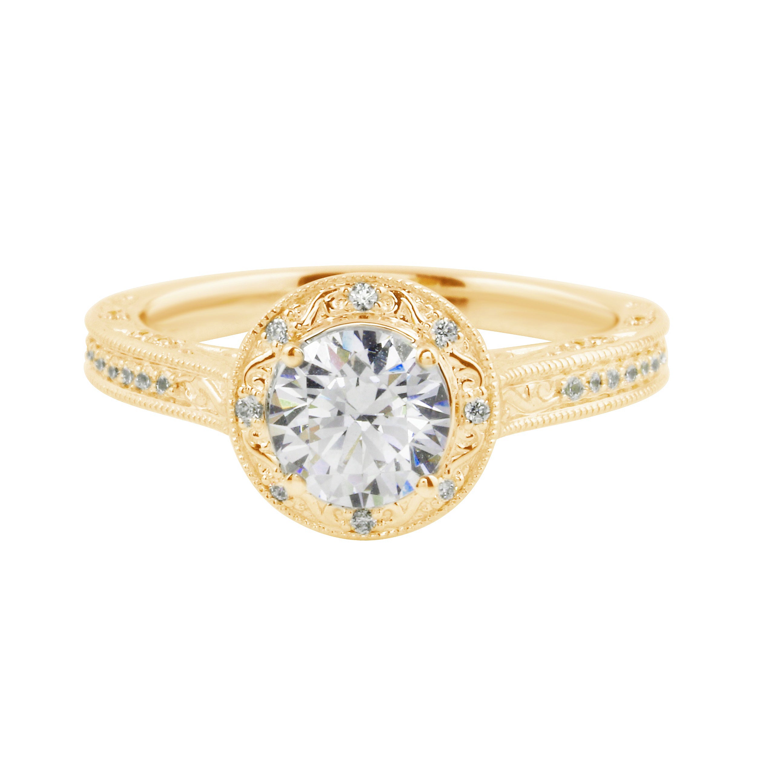 Vintage-Inspired Round Brilliant Cut Diamond Etched Halo Engagement Ring Setting-Engagement Ring-Ashley Schenkein Jewelry Design