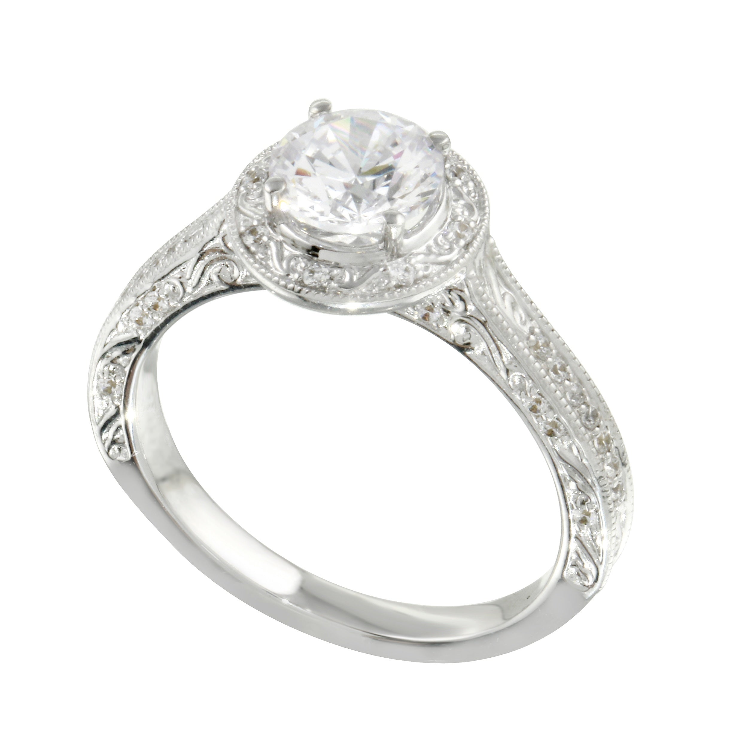 Vintage-Inspired Round Brilliant Cut Diamond Etched Halo Engagement Ring Setting-Engagement Ring-Ashley Schenkein Jewelry Design