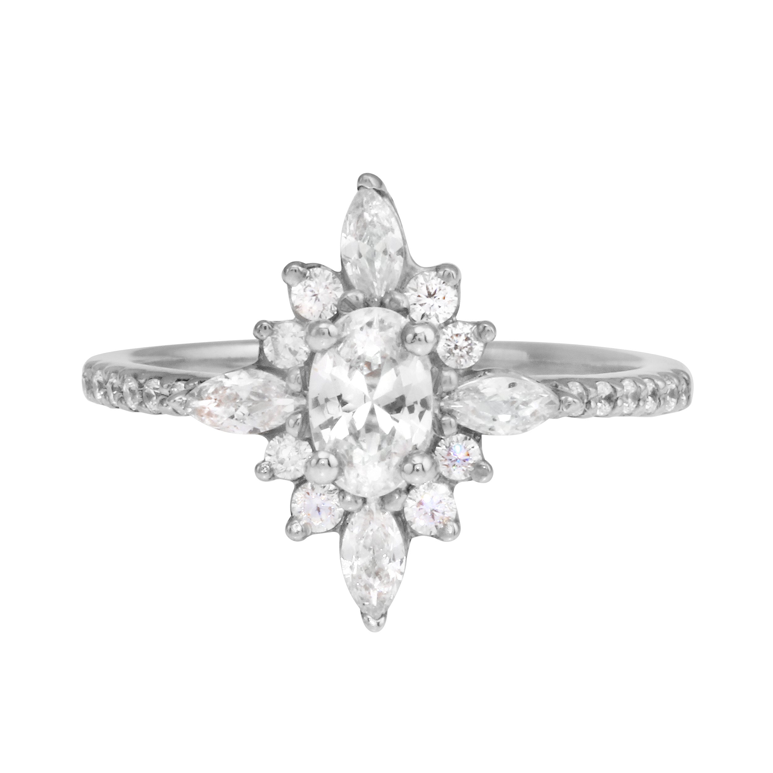 Oval Diamond and Starburst Flower Halo Engagement Ring Setting-Engagement Ring-Ashley Schenkein Jewelry Design