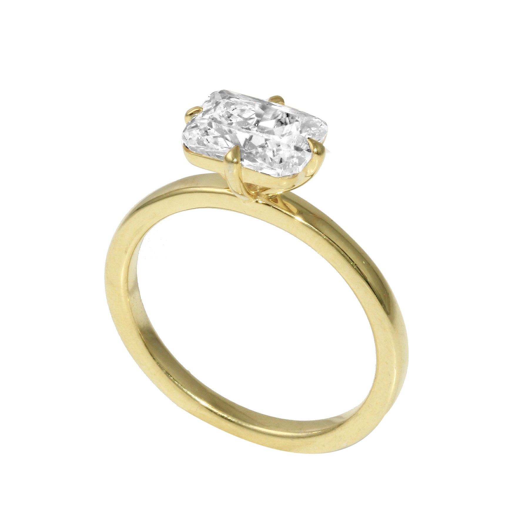 East-West Radiant Cut Solitaire Engagement Ring with Compass-Set Claw Prongs-Engagement Ring-Ashley Schenkein Jewelry Design