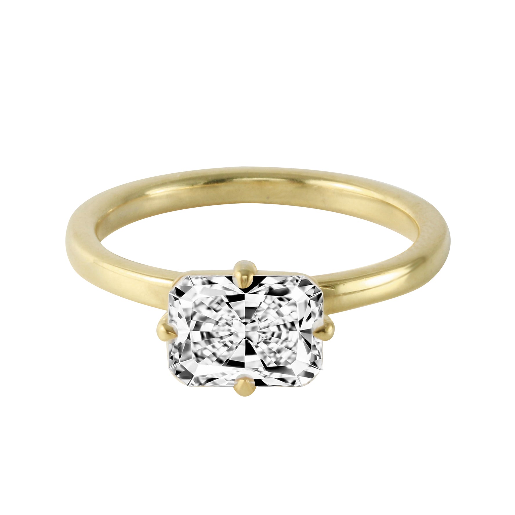 East-West Radiant Cut Solitaire Engagement Ring with Compass-Set Claw Prongs-Engagement Ring-Ashley Schenkein Jewelry Design