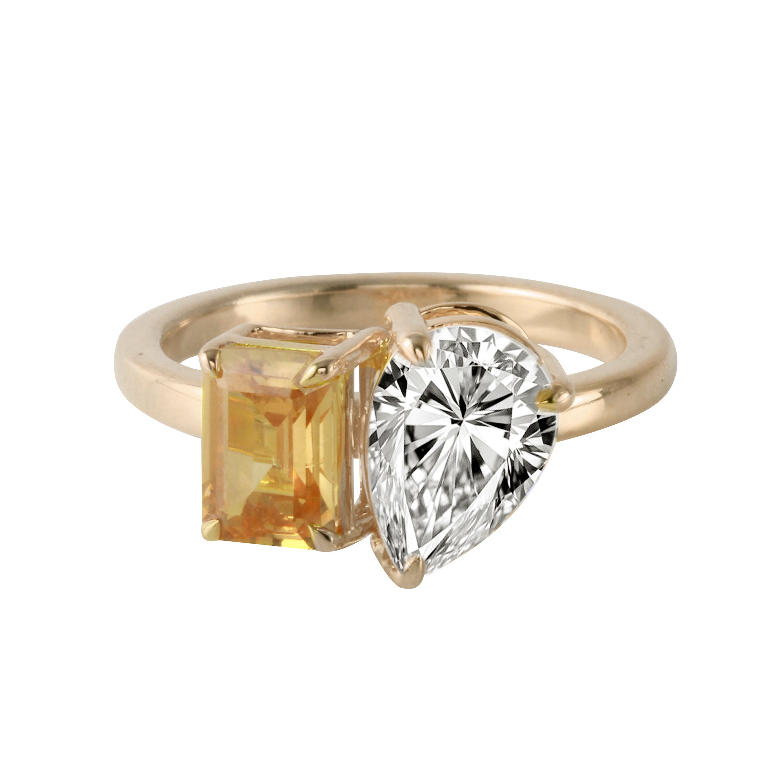 Toi et Moi Pear and Champagne Emerald Cut Diamond Ring-Engagement Ring-Ashley Schenkein Jewelry Design