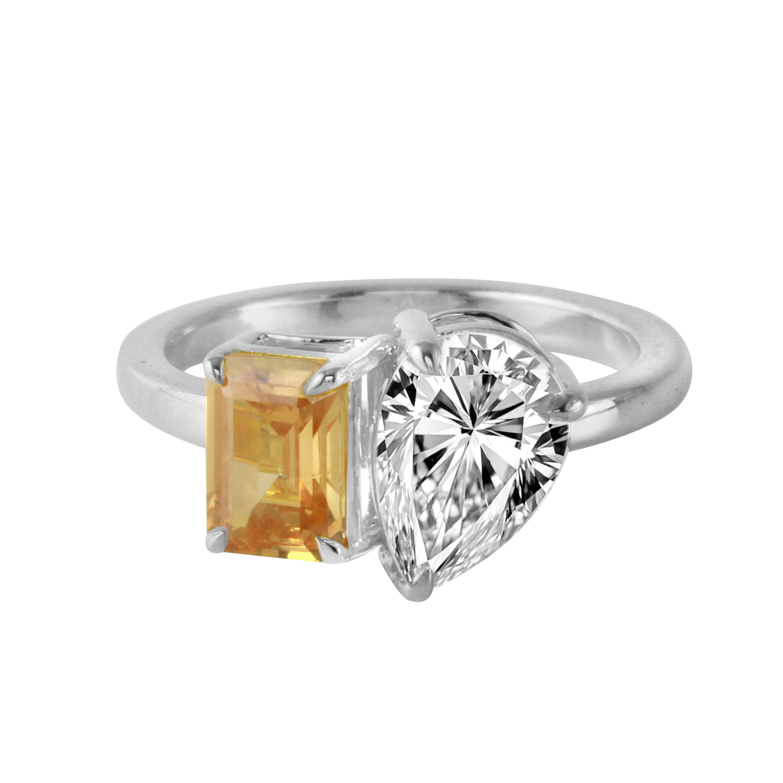Toi et Moi Pear and Champagne Emerald Cut Diamond Ring-Engagement Ring-Ashley Schenkein Jewelry Design