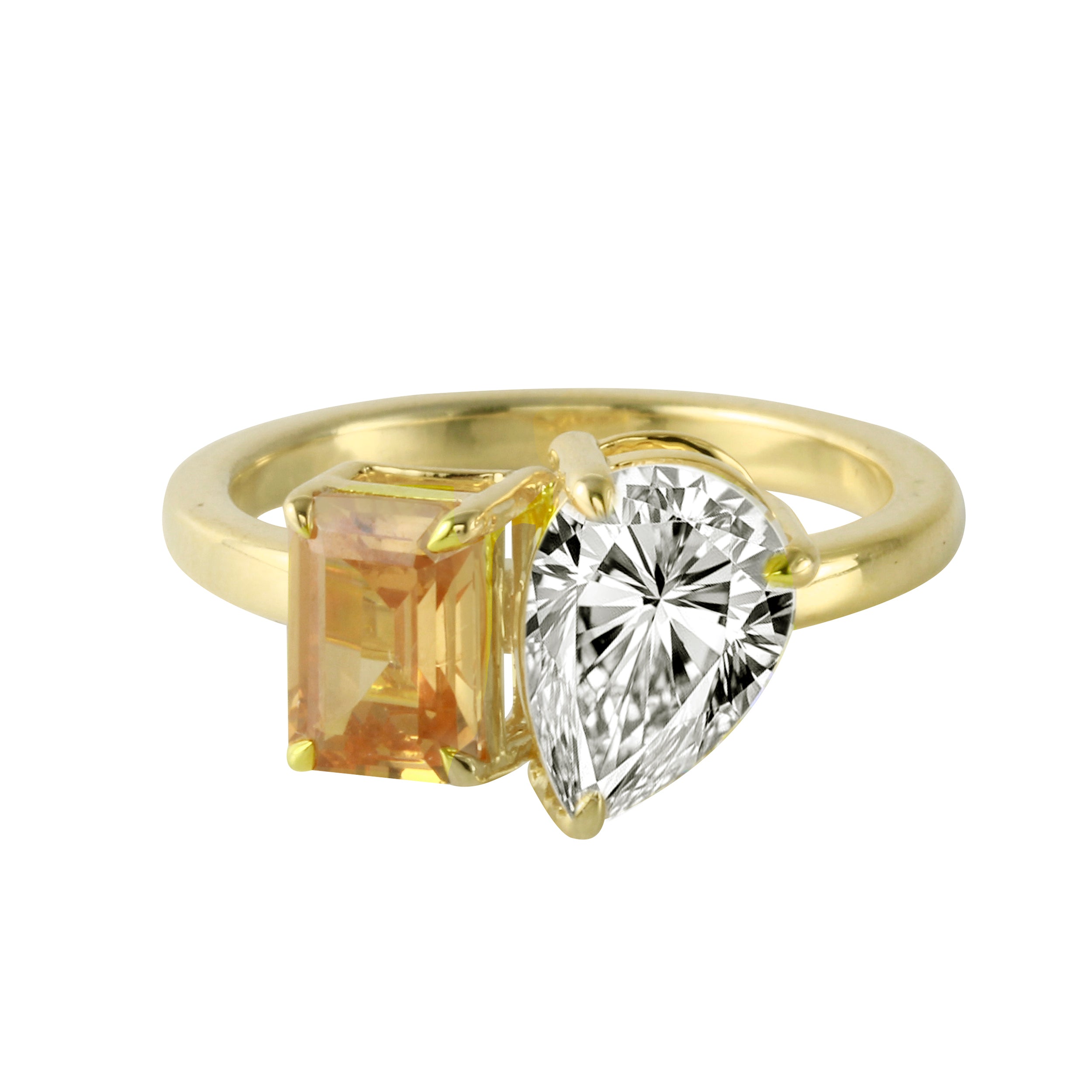 Toi et Moi Pear and Champagne Emerald Cut Diamond Ring-Engagement Ring-Ashley Schenkein Jewelry Design