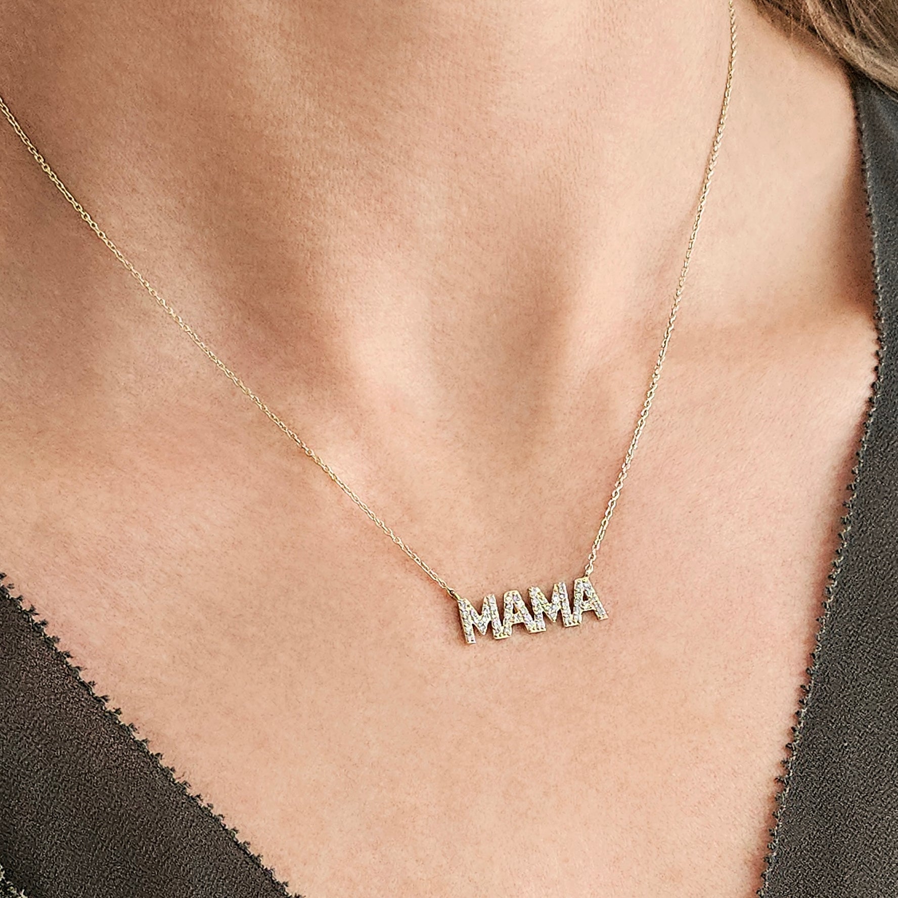 Diamond Pavé MAMA Necklace, 14k-Necklace-Ashley Schenkein Jewelry Design