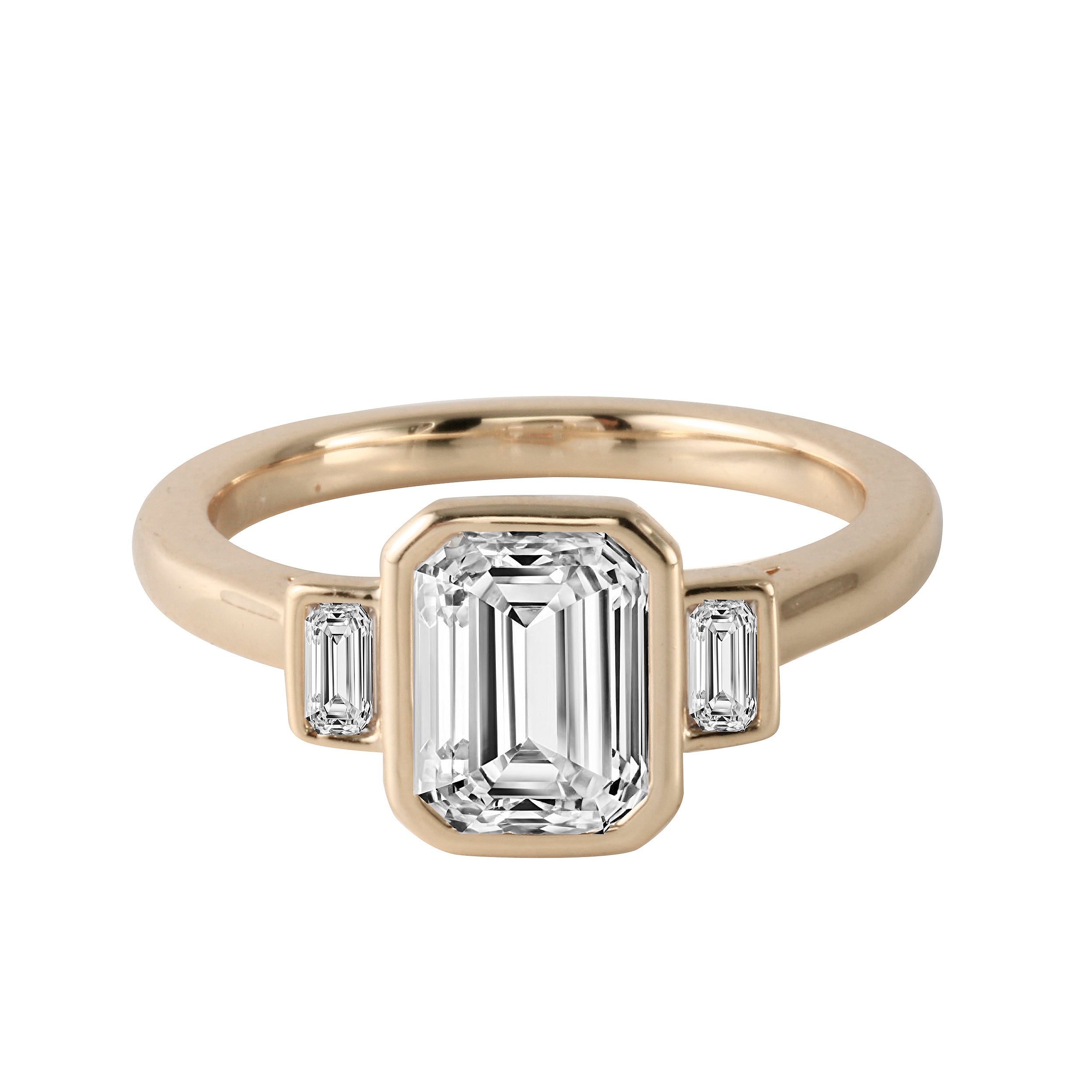 Emerald Cut and Baguette Diamond Bezel-Set Three-Stone Engagement Ring-Engagement Ring-Ashley Schenkein Jewelry Design