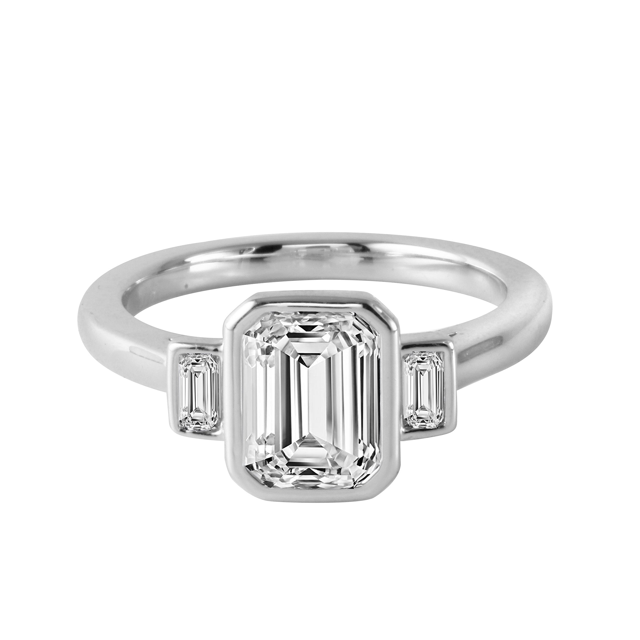 Emerald Cut and Baguette Diamond Bezel-Set Three-Stone Engagement Ring-Engagement Ring-Ashley Schenkein Jewelry Design