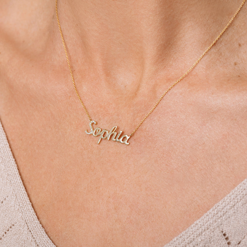 Diamond Pavé Personalized Cursive Necklace, 14k-Necklaces-Ashley Schenkein Jewelry Design