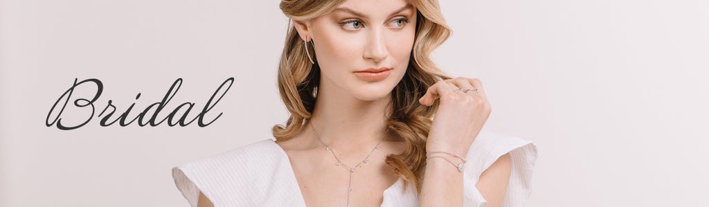 Bridal necklaces showcased on a model wearing everyday clothing. 