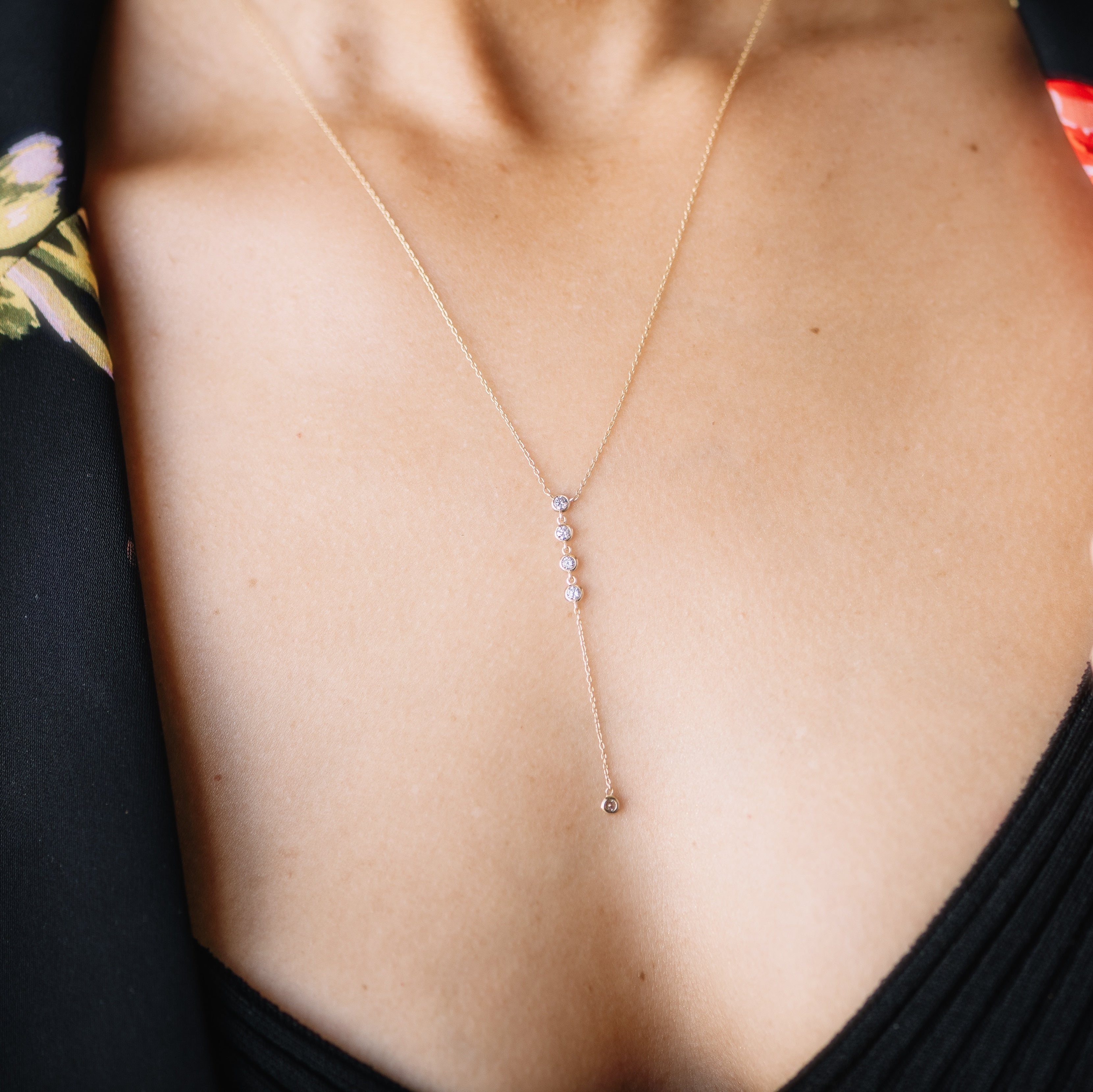 Diamond Bezel Lariat Necklace, 14ky