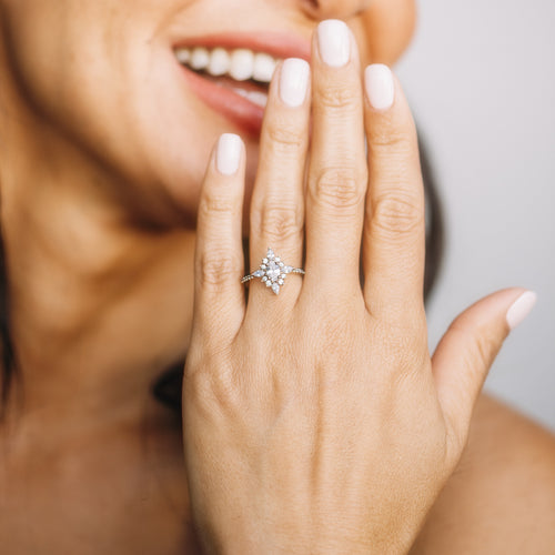 Oval Diamond and Starburst Flower Halo Engagement Ring-Engagement Ring-Ashley Schenkein Jewelry Design