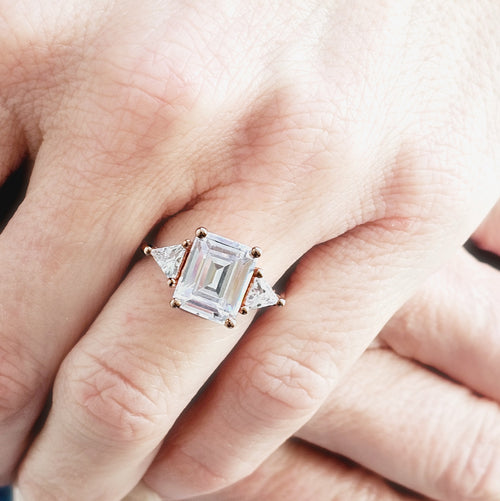 Three Stone Emerald and Trillion Cut Diamond Engagement Ring-Engagement Ring-Ashley Schenkein Jewelry Design
