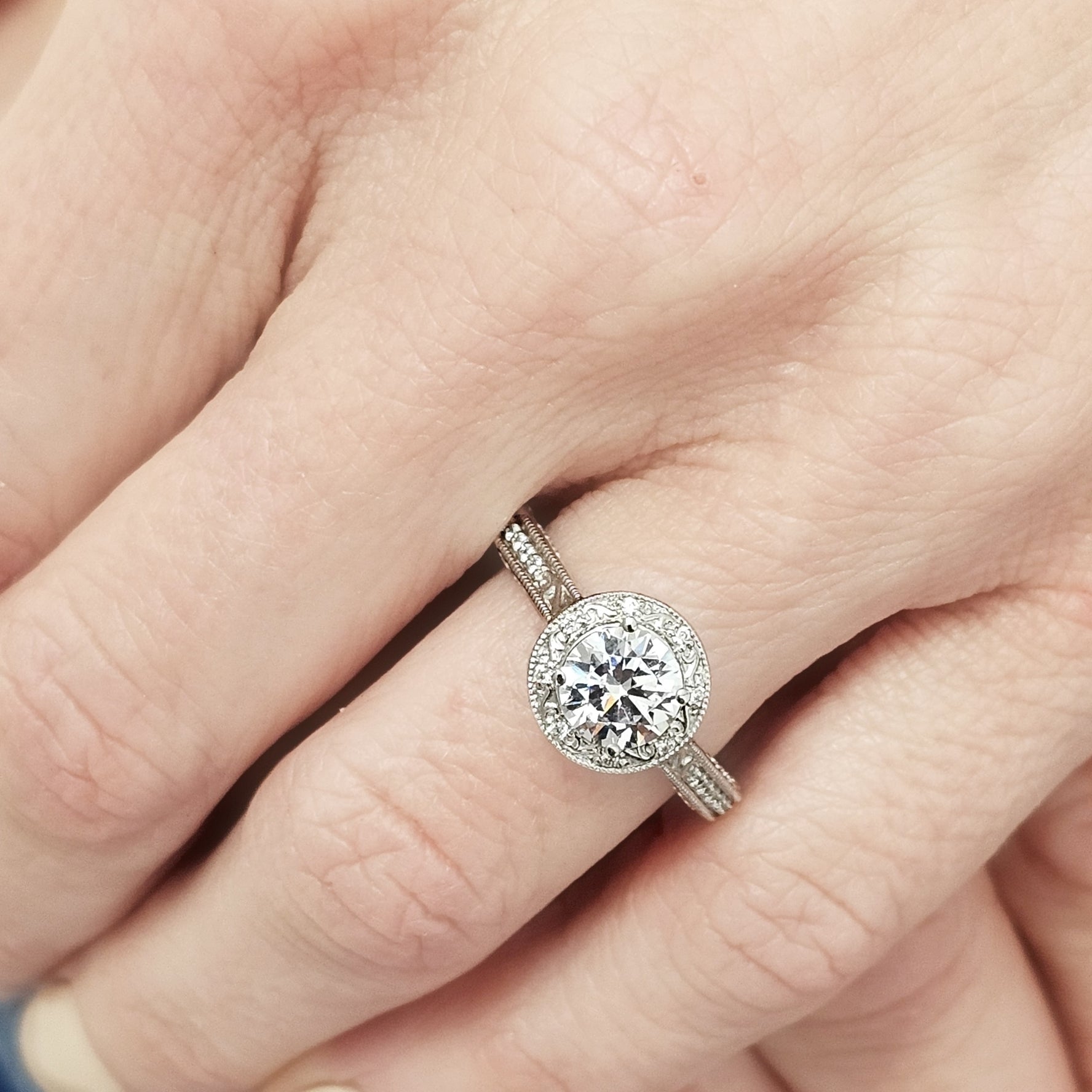 Vintage-Inspired Round Brilliant Cut Diamond Etched Halo Engagement Ring Setting-Engagement Ring-Ashley Schenkein Jewelry Design