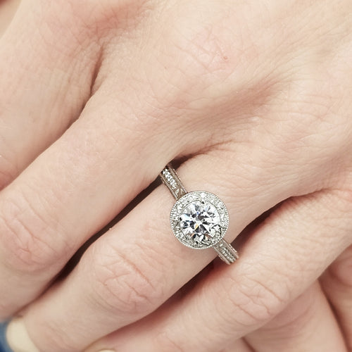 Vintage-Inspired Round Brilliant Cut Diamond Etched Halo Engagement Ring-Engagement Ring-Ashley Schenkein Jewelry Design