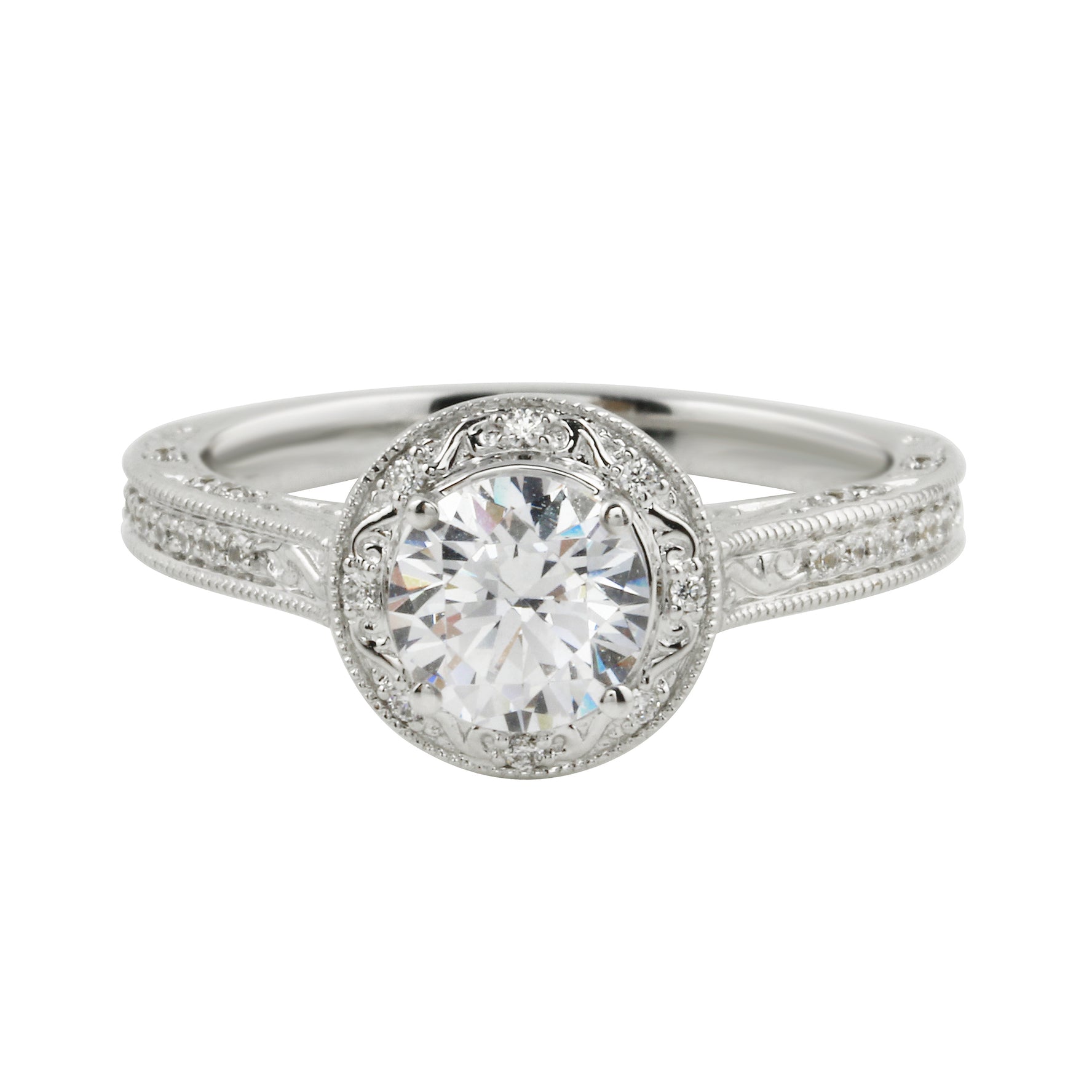 Vintage-Inspired Round Brilliant Cut Diamond Etched Halo Engagement Ring Setting-Engagement Ring-Ashley Schenkein Jewelry Design