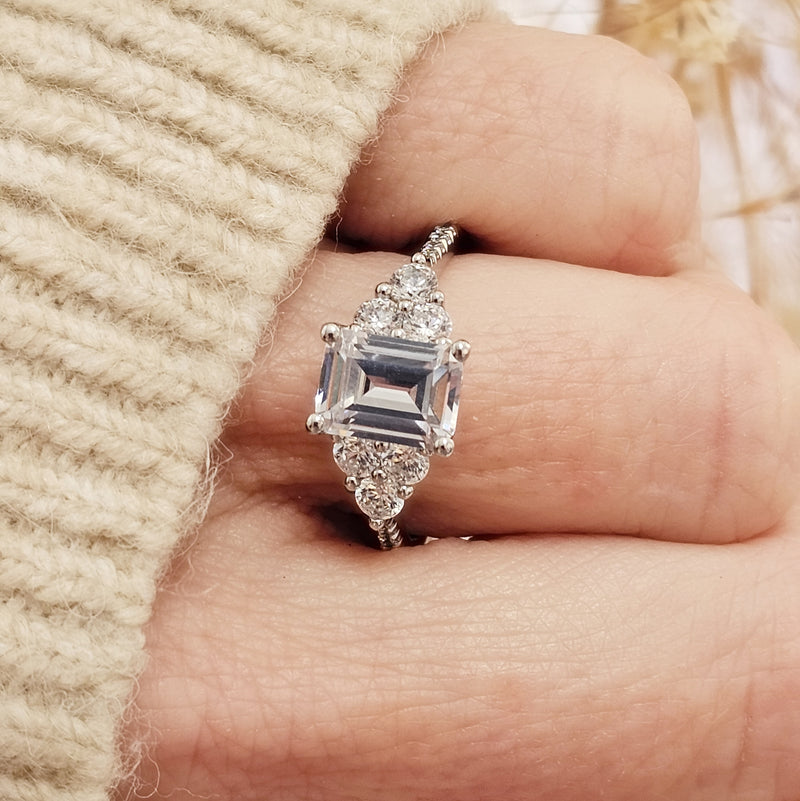 Emerald Cut Diamond Trio Engagement Ring-Engagement Ring-Ashley Schenkein Jewelry Design