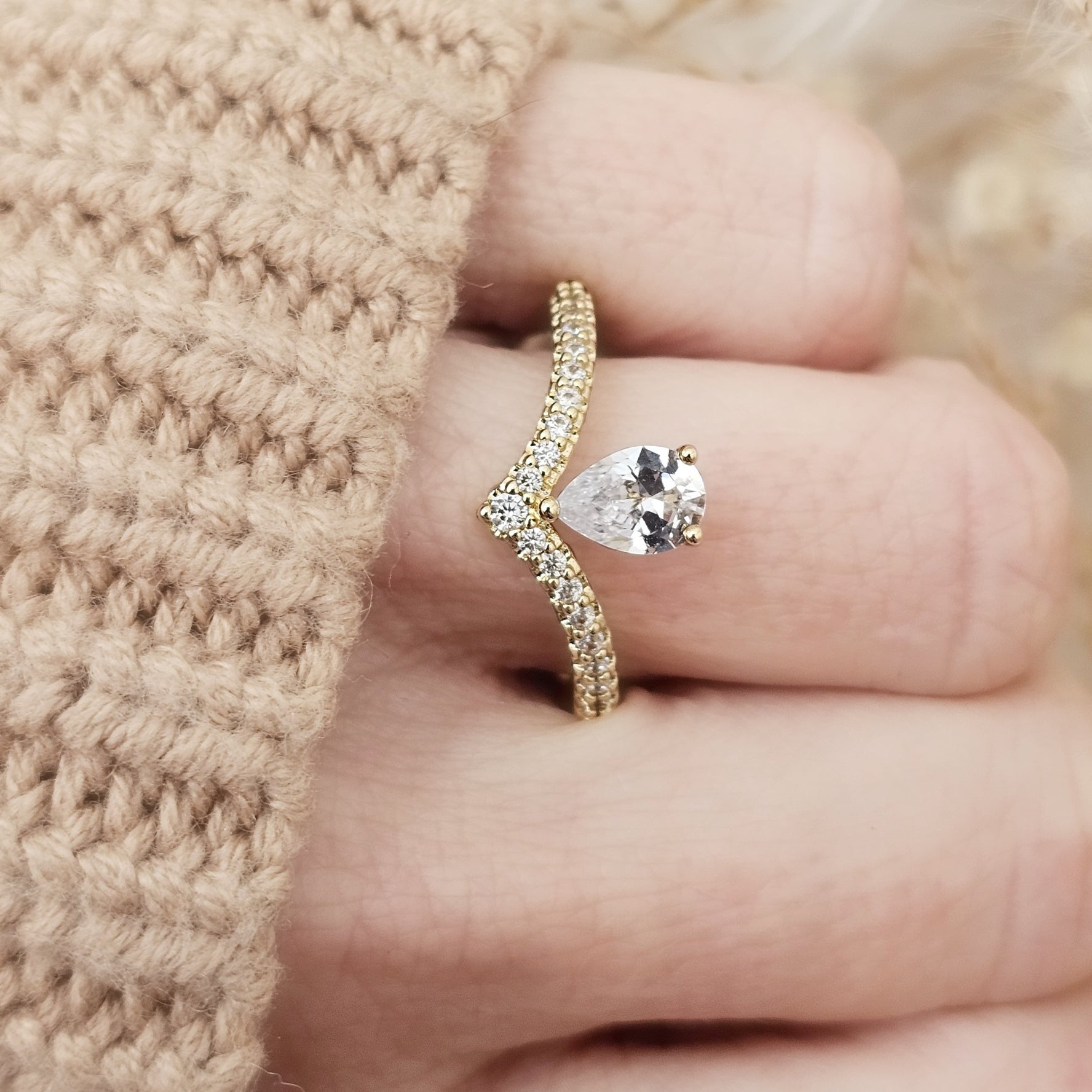 Asymmetrical Pear and Diamond Pavé V Engagement Ring Setting-Engagement Ring-Ashley Schenkein Jewelry Design