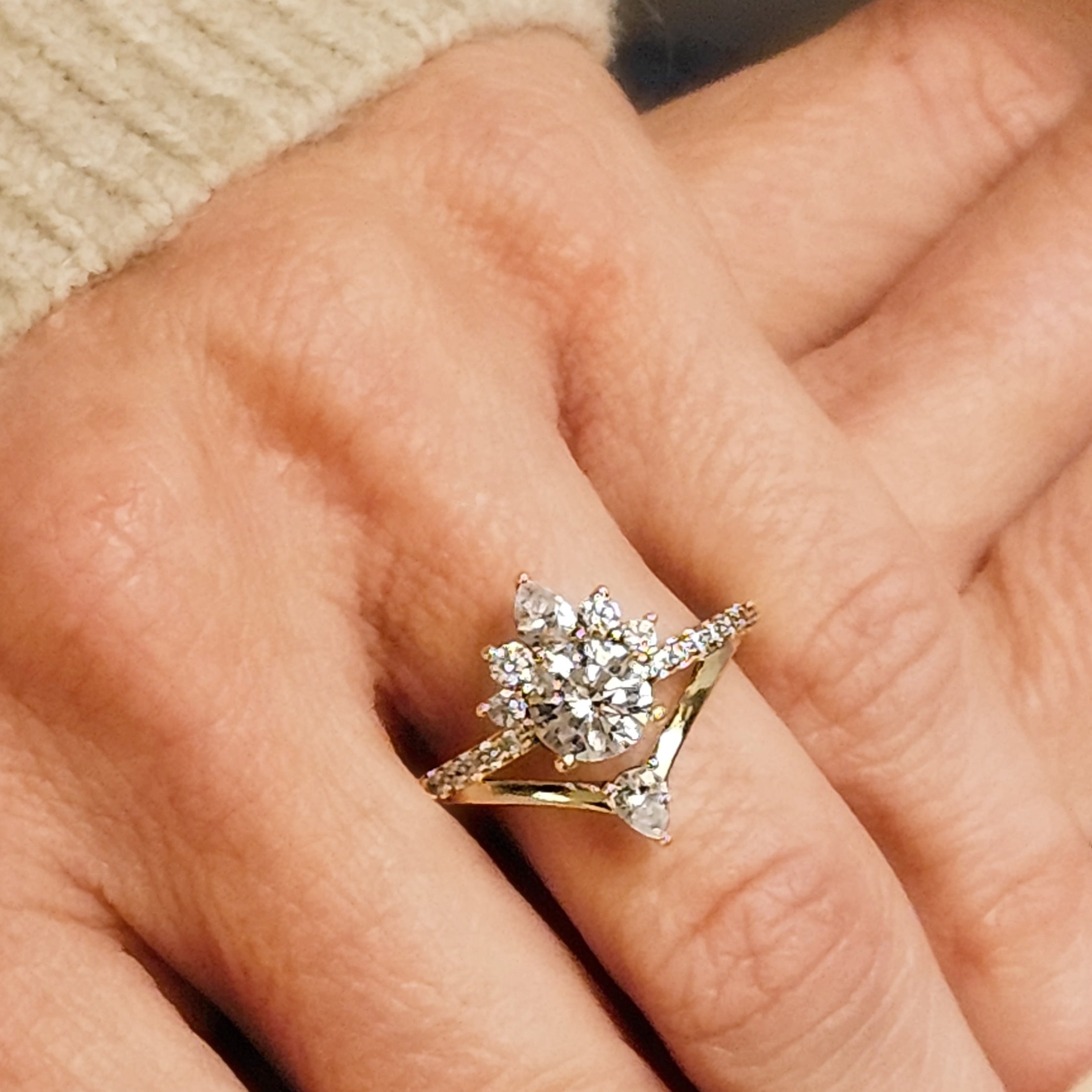 Round Diamond Starburst V-Shaped Engagement Ring-Engagement Ring-Ashley Schenkein Jewelry Design