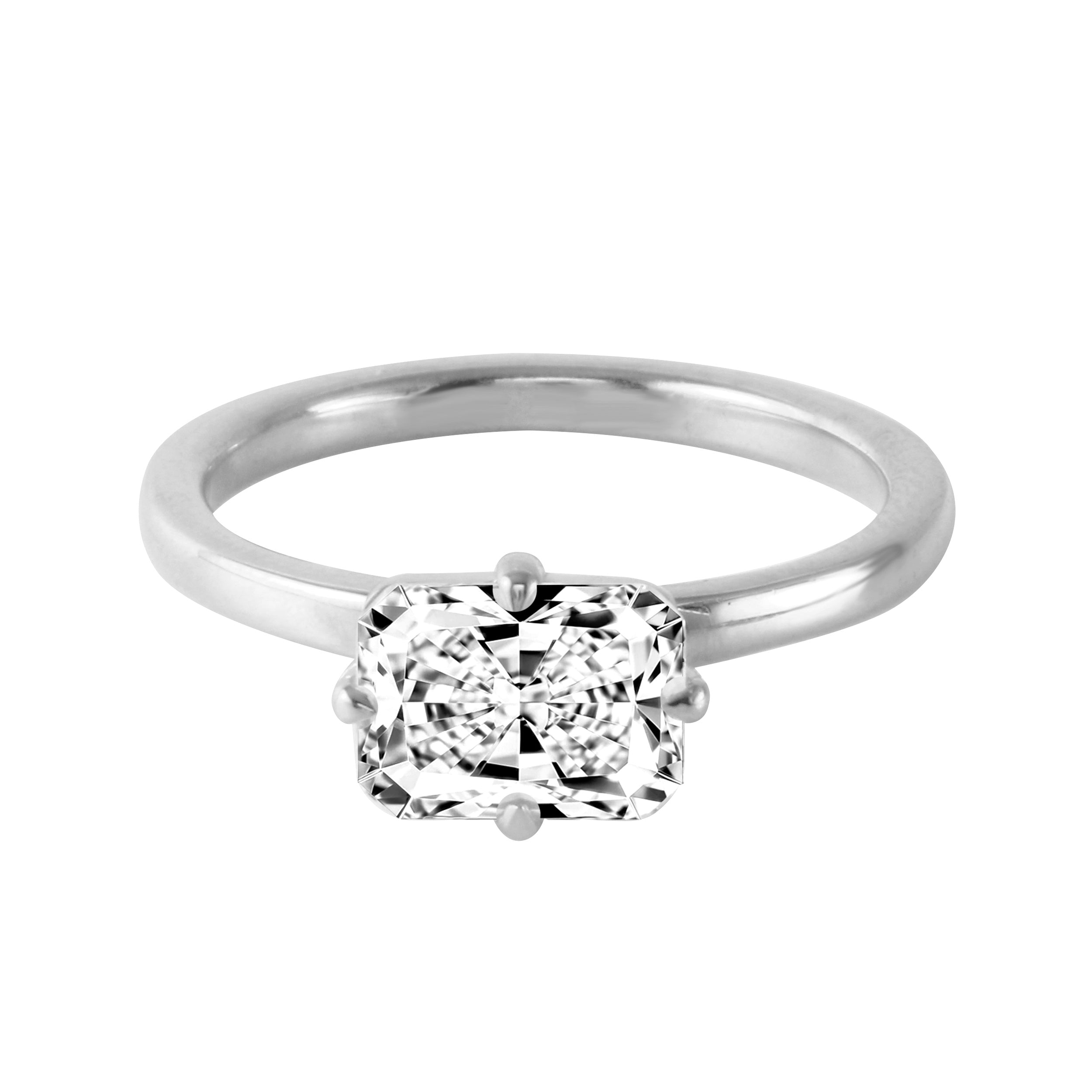 East-West Radiant Cut Solitaire Engagement Ring with Compass-Set Claw Prongs-Engagement Ring-Ashley Schenkein Jewelry Design