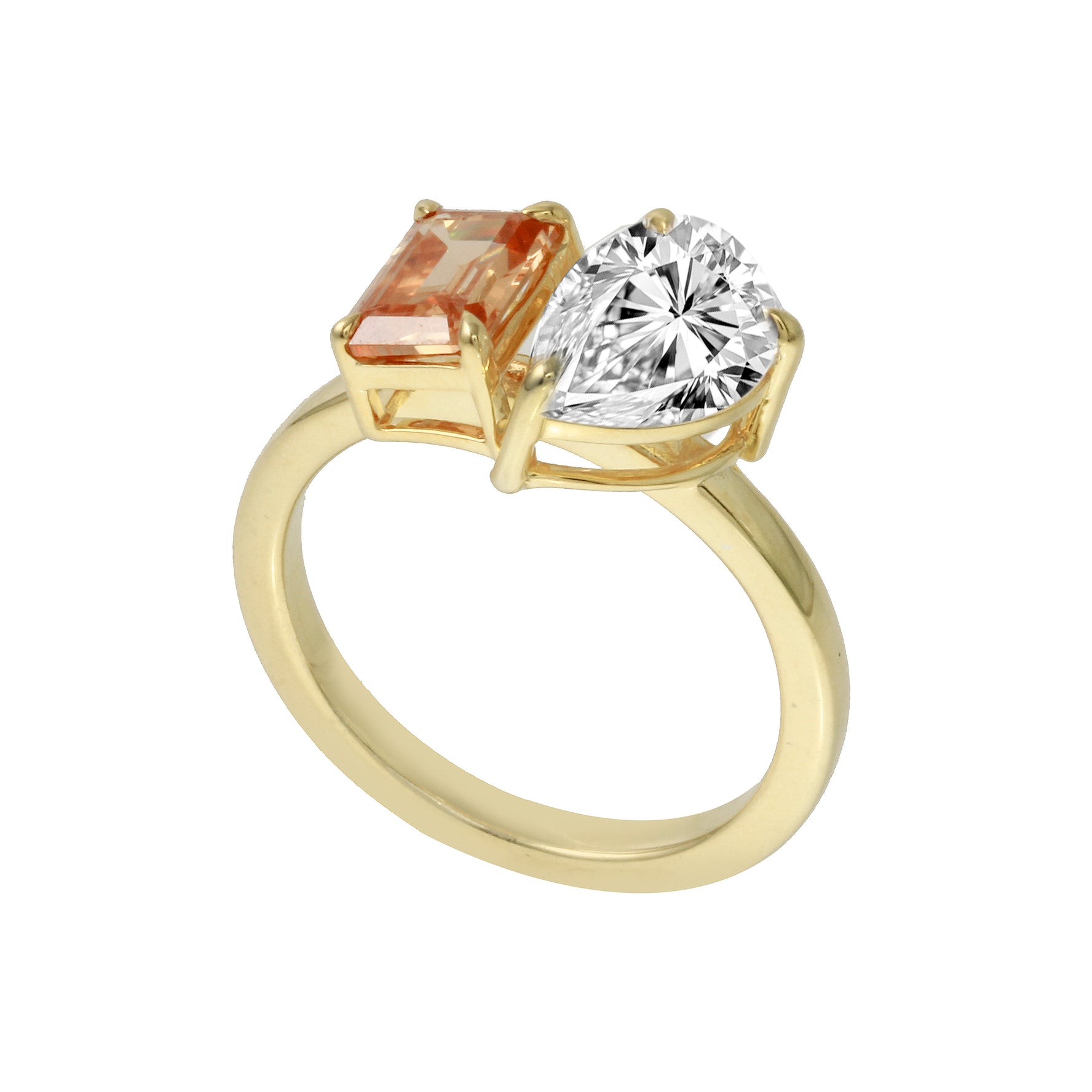 Toi et Moi Pear and Champagne Emerald Cut Diamond Ring-Engagement Ring-Ashley Schenkein Jewelry Design