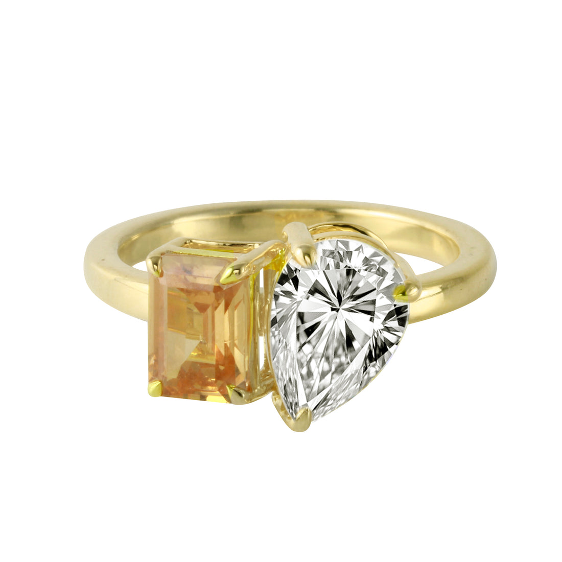 Toi et Moi Pear and Champagne Emerald Cut Diamond Ring-Engagement Ring-Ashley Schenkein Jewelry Design