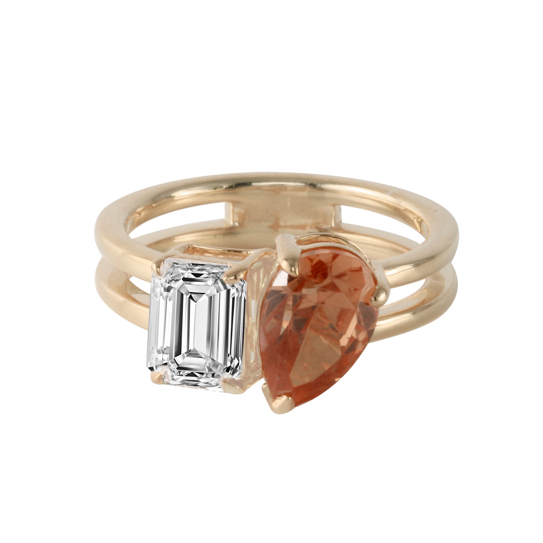 Toi et Moi Emerald and Pear Champagne Diamond Double Band Ring-Engagement Ring-Ashley Schenkein Jewelry Design