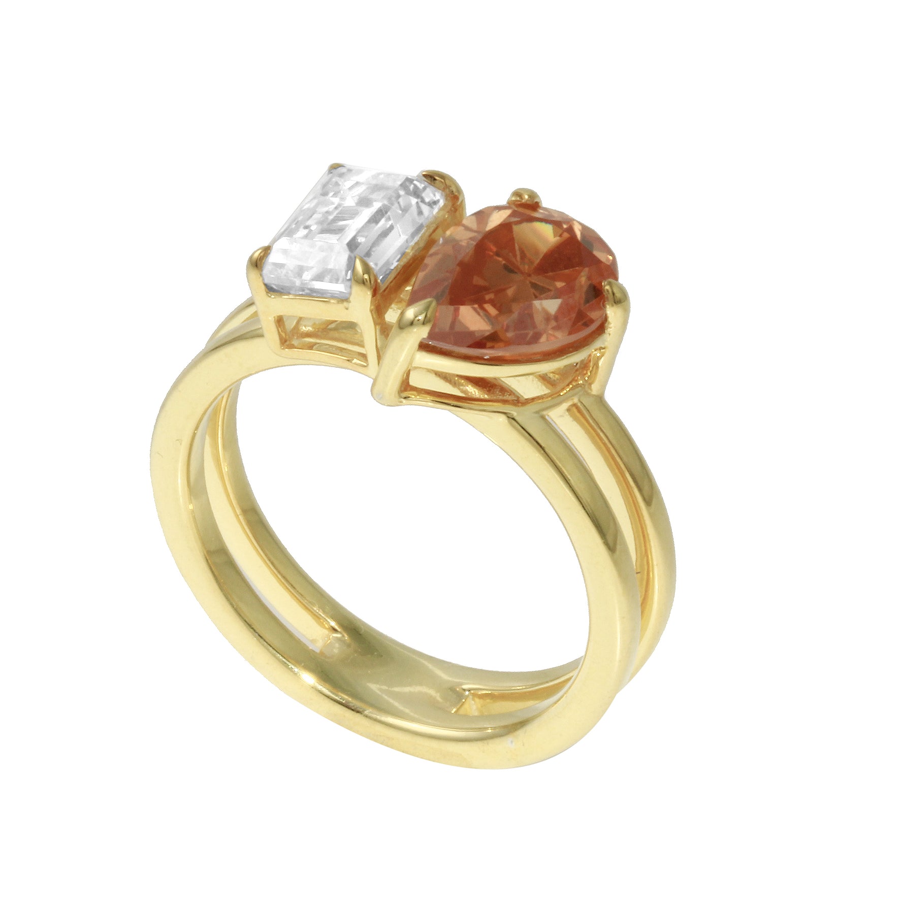 Toi et Moi Emerald and Pear Champagne Diamond Double Band Ring-Engagement Ring-Ashley Schenkein Jewelry Design
