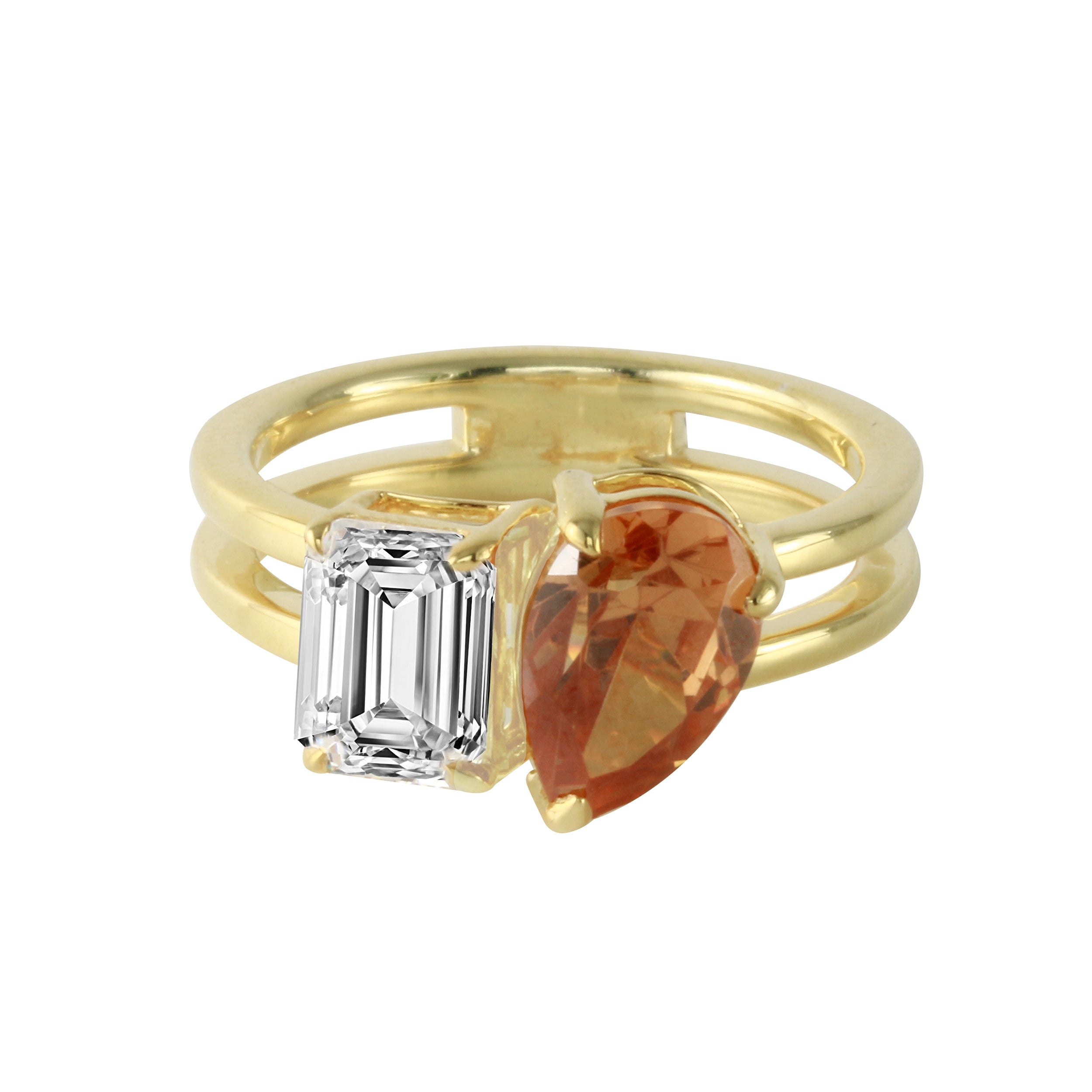 Toi et Moi Emerald and Pear Champagne Diamond Double Band Ring-Engagement Ring-Ashley Schenkein Jewelry Design
