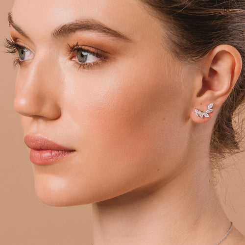 CZ Leaf Ear Crawler Earrings-Earrings-Ashley Schenkein Jewelry Design