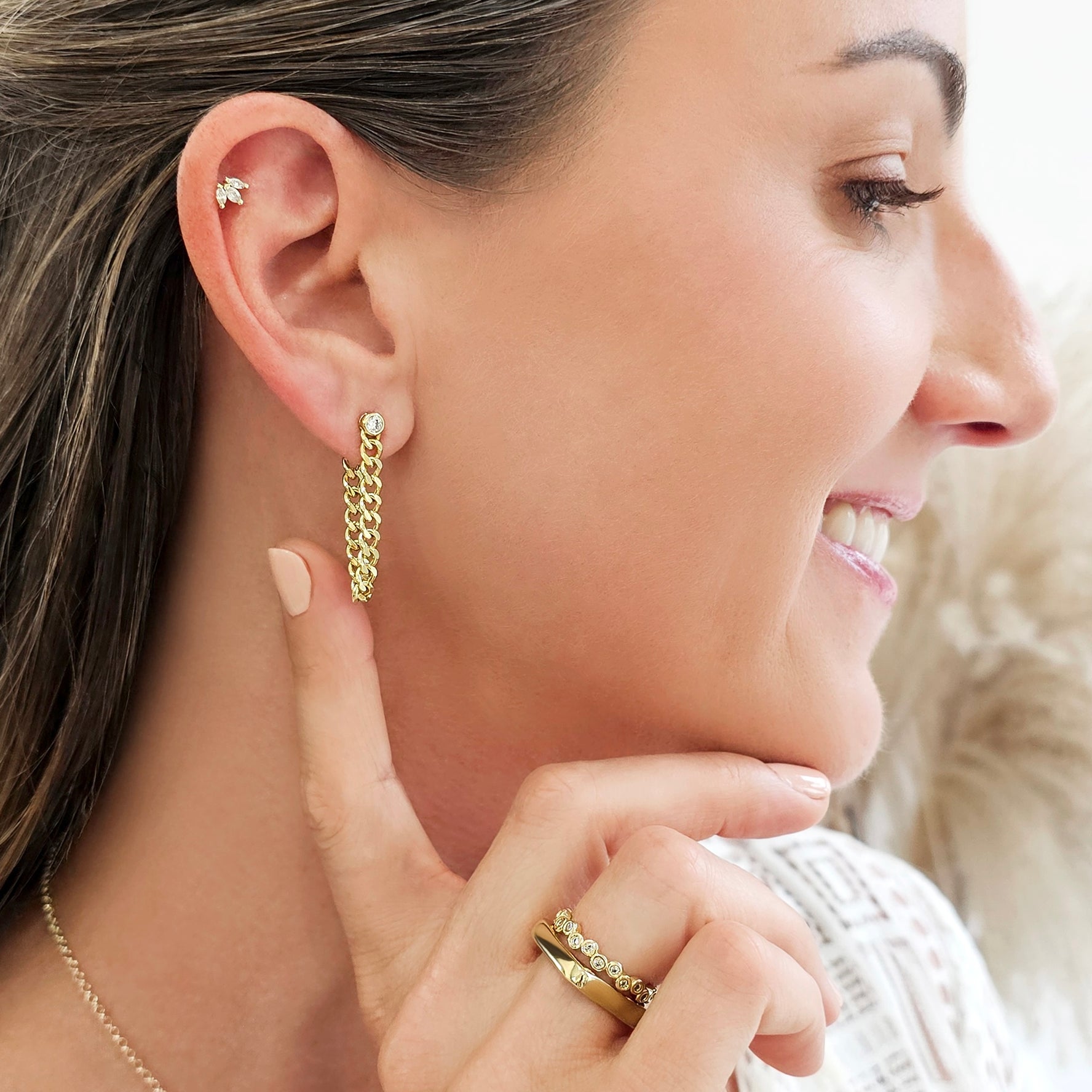 Bezel CZ Cuban Wrap Chain Stud Earrings-Earrings-Ashley Schenkein Jewelry Design