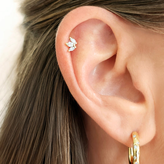 Triple Marquise Diamond Leaf Single Flat Back Stud Earring, 14k-Earrings-Ashley Schenkein Jewelry Design