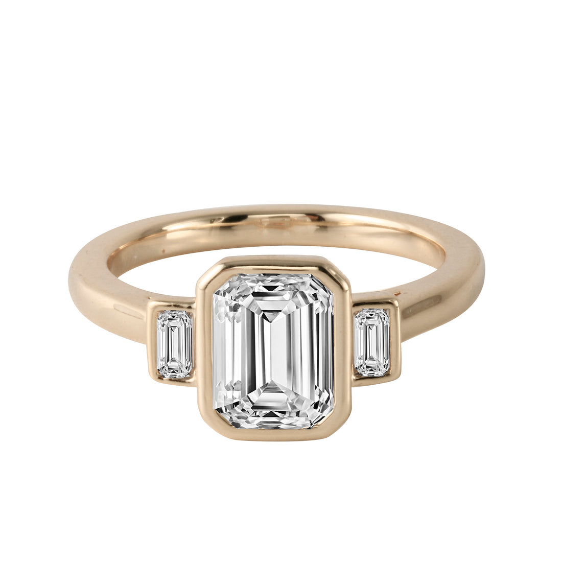 Emerald Cut and Baguette Diamond Bezel-Set Three-Stone Engagement Ring-Engagement Ring-Ashley Schenkein Jewelry Design