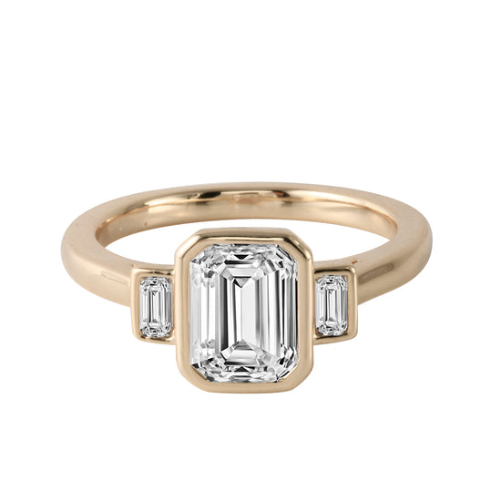 Emerald Cut and Baguette Diamond Bezel-Set Three-Stone Engagement Ring-Engagement Ring-Ashley Schenkein Jewelry Design