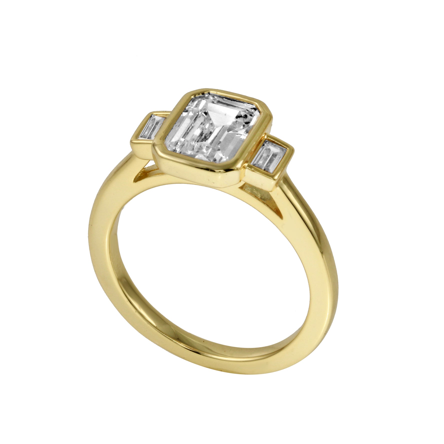 Emerald Cut and Baguette Diamond Bezel-Set Three-Stone Engagement Ring-Engagement Ring-Ashley Schenkein Jewelry Design
