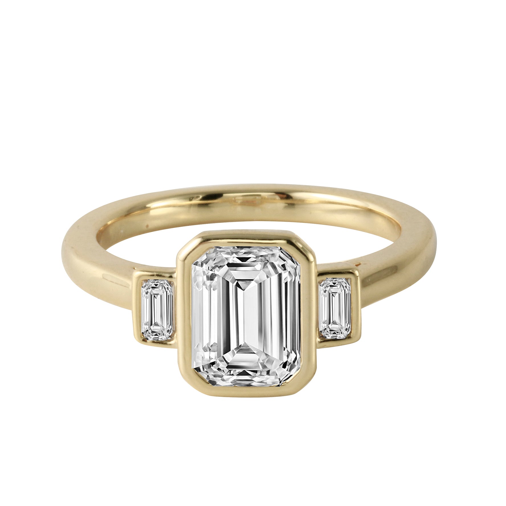Emerald Cut and Baguette Diamond Bezel-Set Three-Stone Engagement Ring-Engagement Ring-Ashley Schenkein Jewelry Design