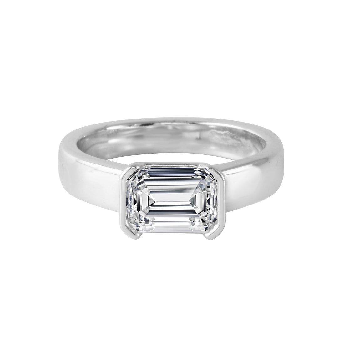 Emerald Cut East-West Diamond Half Bezel-Set Engagement Ring-Engagement Ring-Ashley Schenkein Jewelry Design