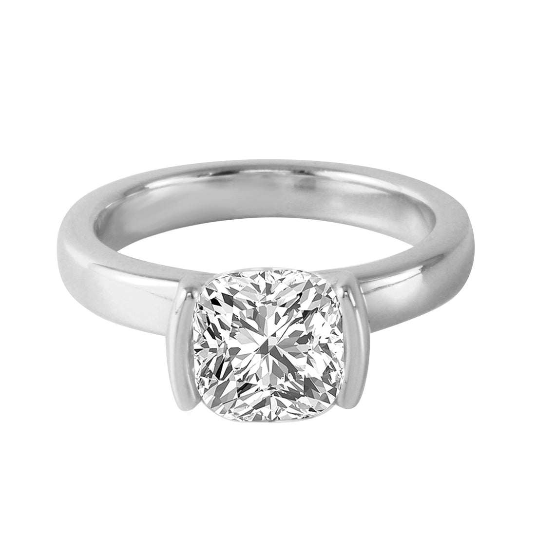 East-West Half Bezel Cushion Cut Diamond Wide Band Engagement Ring-Engagement Ring-Ashley Schenkein Jewelry Design