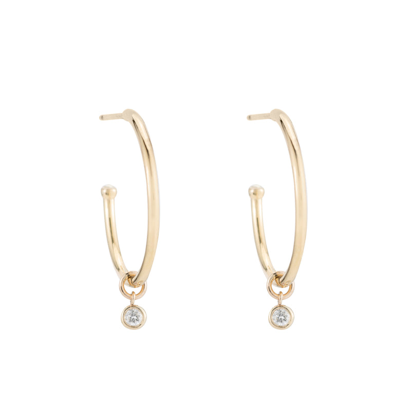 Solid Gold Dangling Diamond Hoop Earrings, 14ky-Earrings-Ashley Schenkein Jewelry Design