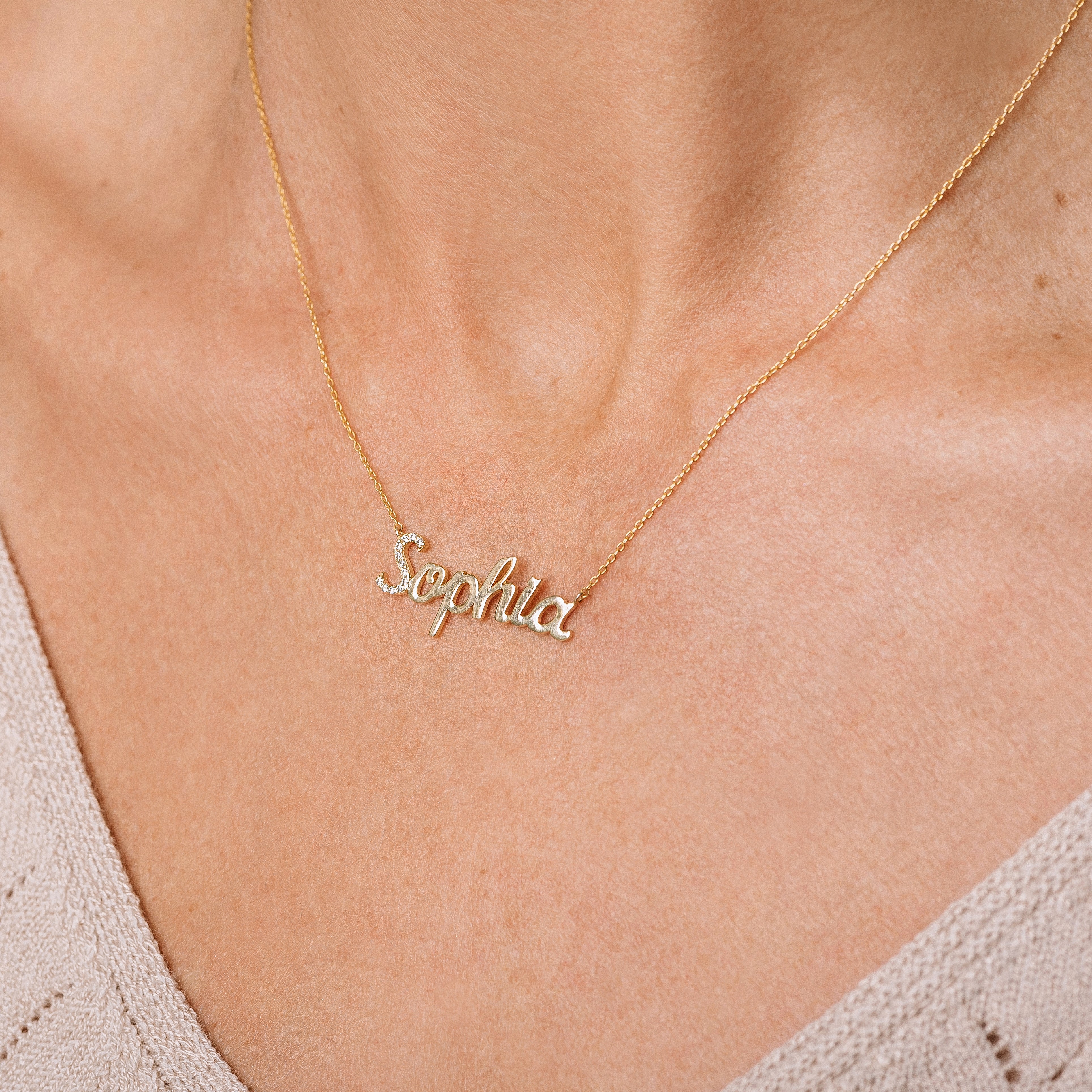 Diamond Pavé Personalized Cursive Necklace, 14k-Necklaces-Ashley Schenkein Jewelry Design