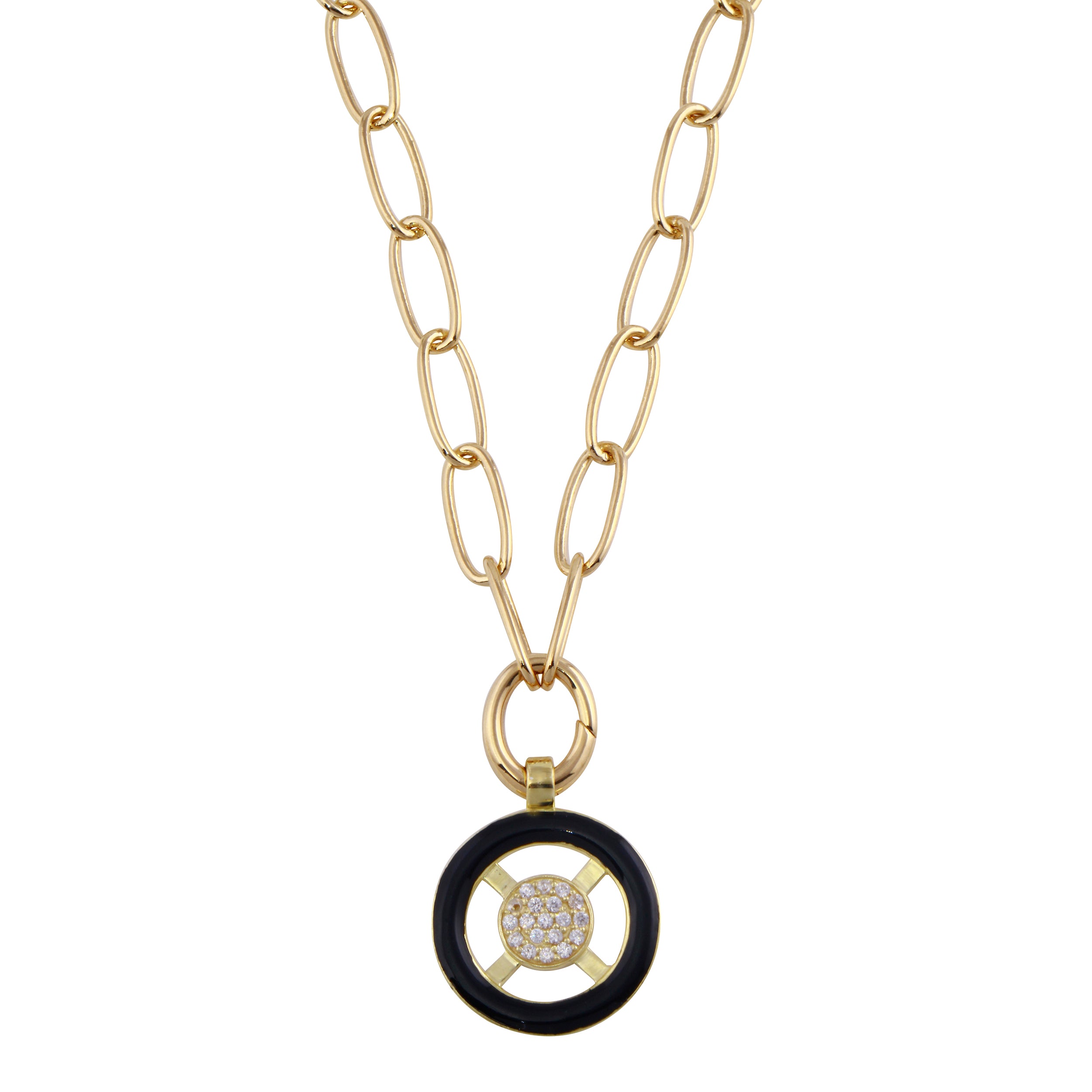 Enamel and White Zircon Pavé Circle Pendant Necklace-Necklaces-Ashley Schenkein Jewelry Design