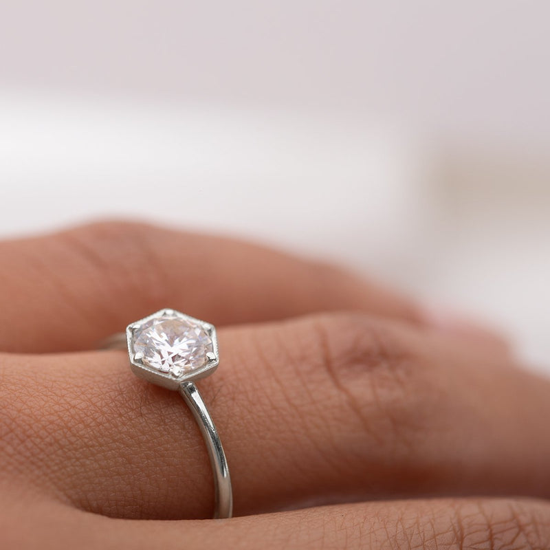 Round Brilliant Diamond Hexagon Engagement Ring Setting-engagement ring-Ashley Schenkein Jewelry Design