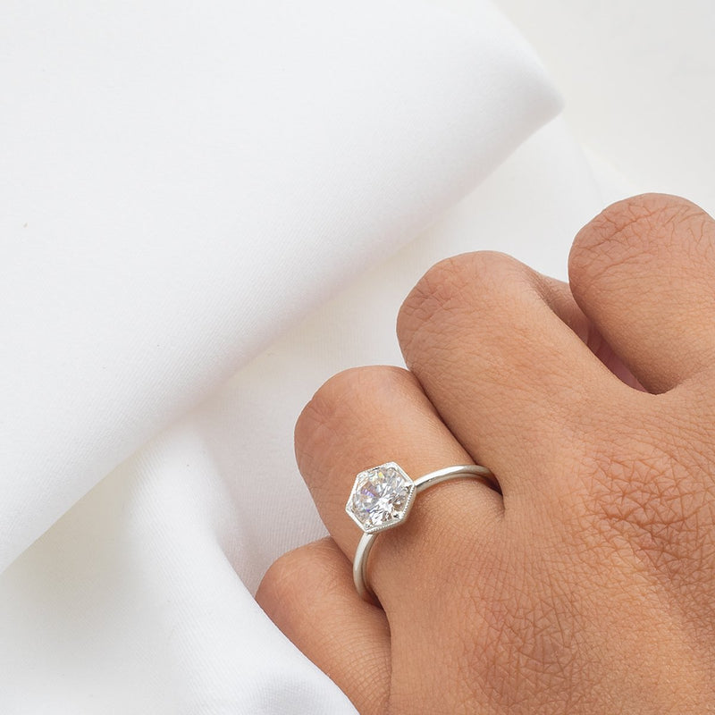 Round Brilliant Diamond Hexagon Engagement Ring Setting-engagement ring-Ashley Schenkein Jewelry Design